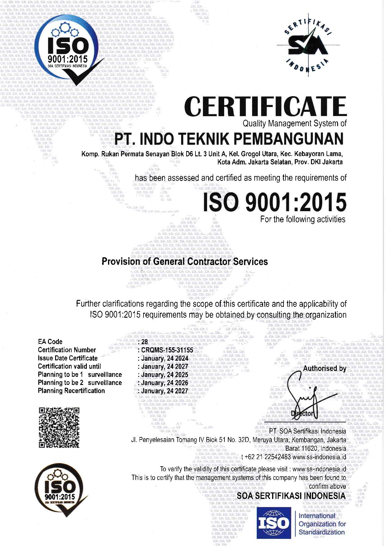 Preview Sertifikat ISO 9001:2015 PT Indo Teknik Pembangunan